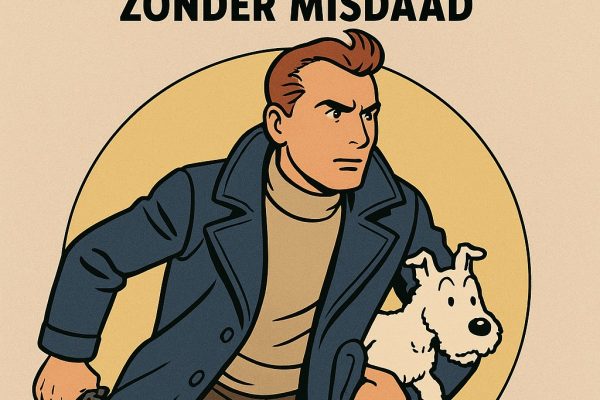 Baudet slaat alarm: straks bent ú verdachte zonder misdaad. Cartoon van Thierry Baudet getekend in Kuifje-stijl, met hond Bobbie onder zijn arm, in een heldhaftige pose met futuristische uitstraling en de tekst “Baudet slaat alarm: straks bent ú verdachte zonder misdaad.