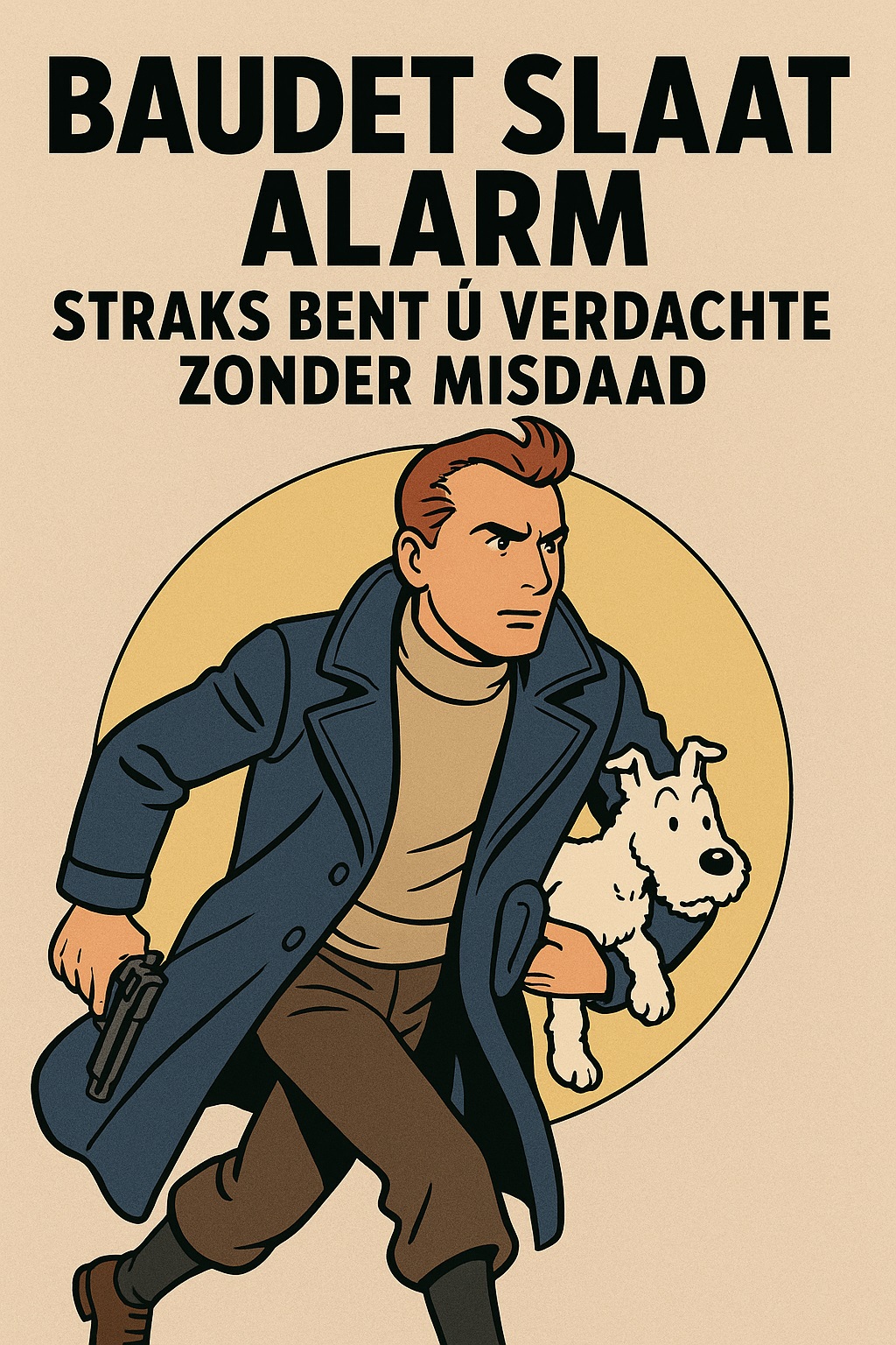 Cartoon van Thierry Baudet getekend in Kuifje-stijl, met hond Bobbie onder zijn arm, in een heldhaftige pose met futuristische uitstraling en de tekst “Baudet slaat alarm: straks bent ú verdachte zonder misdaad.