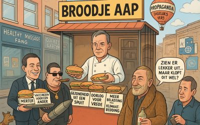 Cartoon van een snackbar genaamd "Broodje Aap" waar broodjes met propagandaslogans worden verkocht, terwijl verschillende karikaturale figuren twijfelend of gretig toekijken.