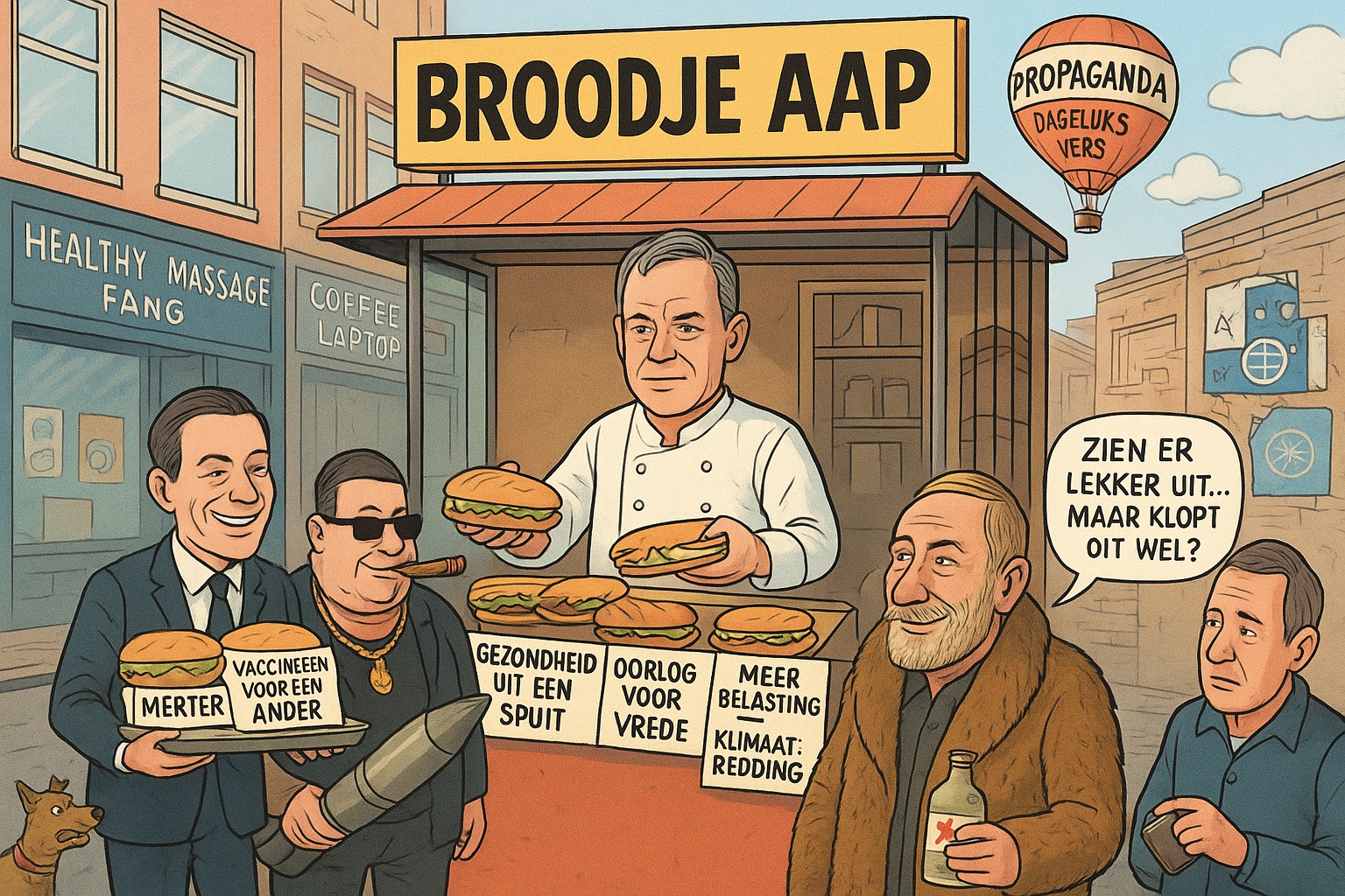 Cartoon van een snackbar genaamd "Broodje Aap" waar broodjes met propagandaslogans worden verkocht, terwijl verschillende karikaturale figuren twijfelend of gretig toekijken.