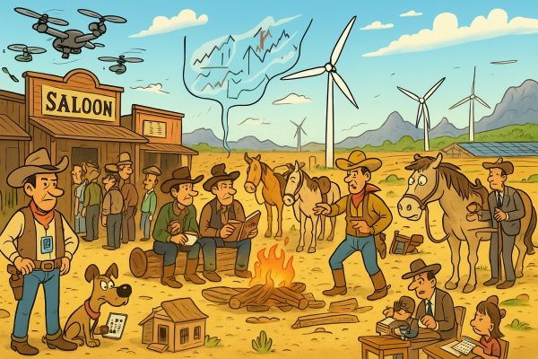 Hun visie, onze toekomst: hoe The Agenda waarschuwt voor een digitale gevangenis. Cartoonachtige Lucky Luke-stijl illustratie van een westernstadje met moderne elementen zoals drones, QR-code scanners, windmolens, boeren tegenover bureaucraten en een schoolklas met tablets.