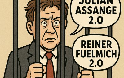 Cartoon van advocaat Arno van Kessel achter tralies met twee tekstballonnen “Julian Assange 2.0” en “Reiner Fuelmich 2.0”, onder de titel “Nederland is een bananenrepubliek”.