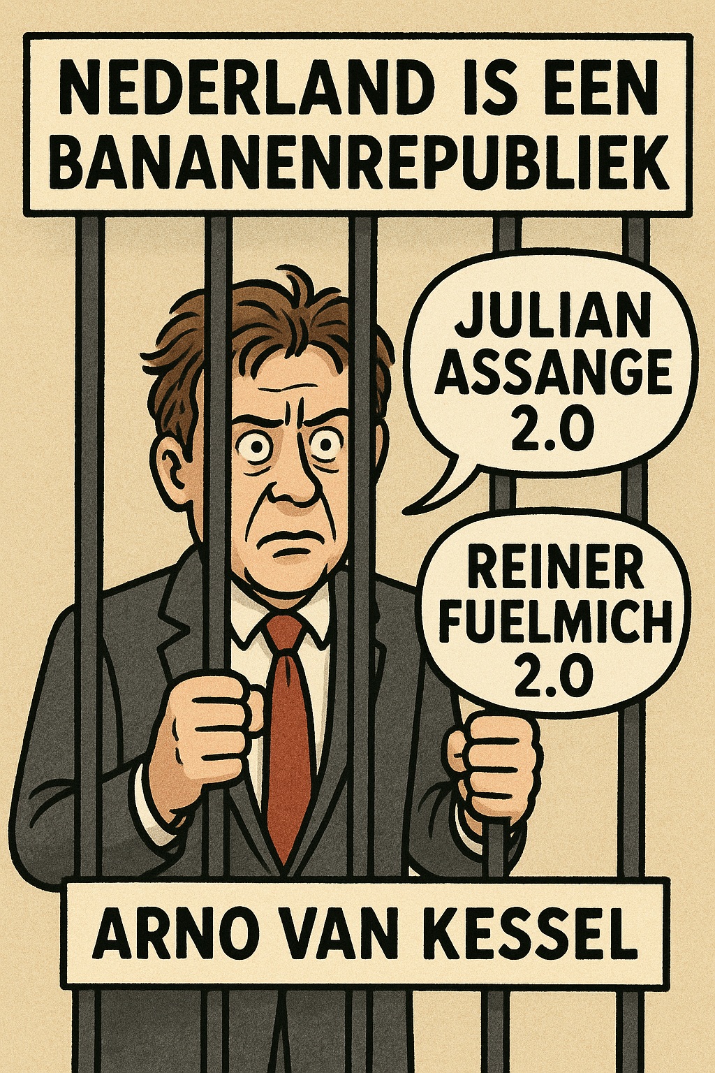Cartoon van advocaat Arno van Kessel achter tralies met twee tekstballonnen “Julian Assange 2.0” en “Reiner Fuelmich 2.0”, onder de titel “Nederland is een bananenrepubliek”.