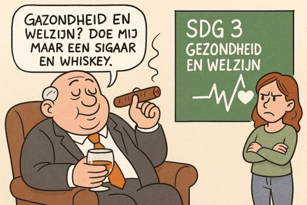 De schaduwzijde van SDG 3: gezondheid, welzijn en de greep van Big Pharma. Cartoon van een tevreden man met sigaar en whiskey die grap maakt over SDG 3 Gezondheid en Welzijn, naast een boze vrouw.