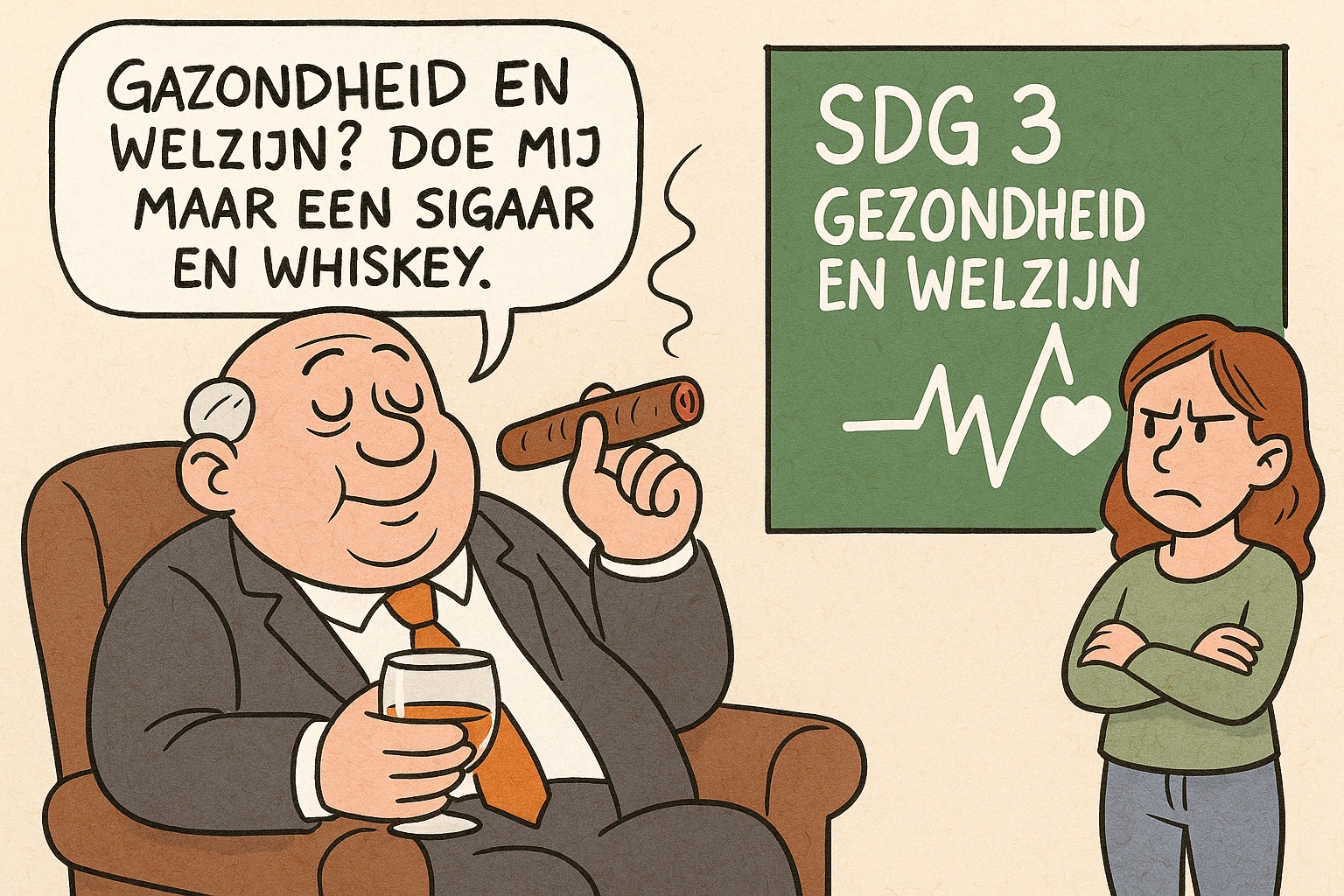 Cartoon van een tevreden man met sigaar en whiskey die grap maakt over SDG 3 Gezondheid en Welzijn, naast een boze vrouw.