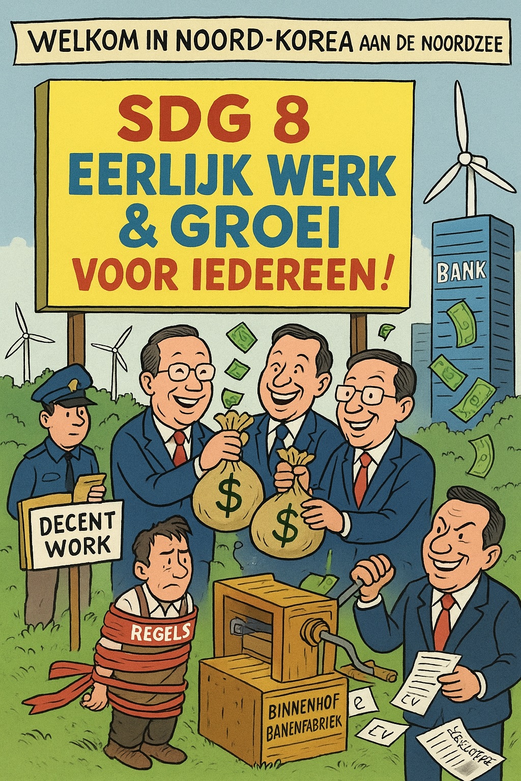 Satirische cartoon van SDG 8 met politici die geld uitdelen, een ondernemer vastgebonden in regels en een banenmachine die lege papieren produceert.
