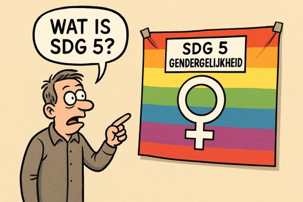 SDG 5: Gendergelijkheid of genderoorlog? Cartoon van een verbaasde man die vraagt 'Wat is SDG 5?' terwijl hij wijst naar een regenboogvlag met de tekst 'SDG 5 Gendergelijkheid'.