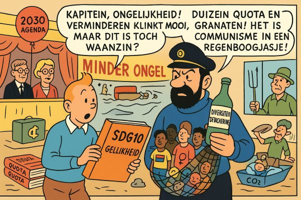 SDG10: Gelijkheid of Gevaar? Satirische cartoon in Kuifje-stijl waarin Tom Zwitser als Kuifje en Rypke Zeilmaker als Kapitein Haddock kritiek leveren op SDG10 en diversiteitsquota, met symbolen als een CO₂-babydoos, quota-mappen en een fles 'Diversiteit Detachering'