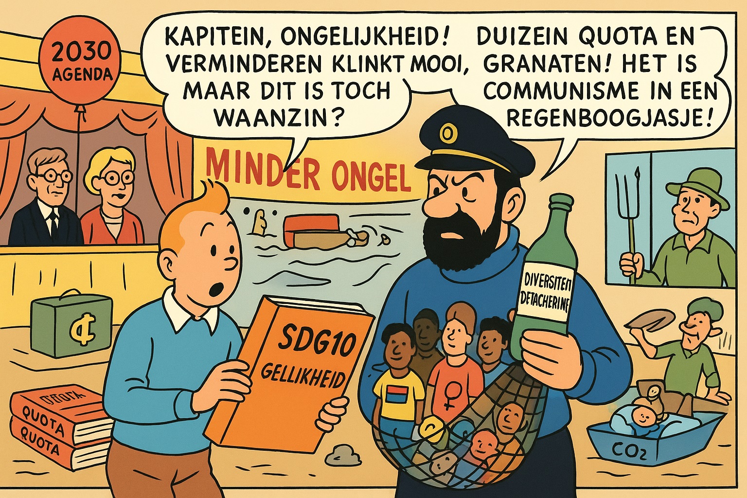 Satirische cartoon in Kuifje-stijl waarin Tom Zwitser als Kuifje en Rypke Zeilmaker als Kapitein Haddock kritiek leveren op SDG10 en diversiteitsquota, met symbolen als een CO₂-babydoos, quota-mappen en een fles 'Diversiteit Detachering'