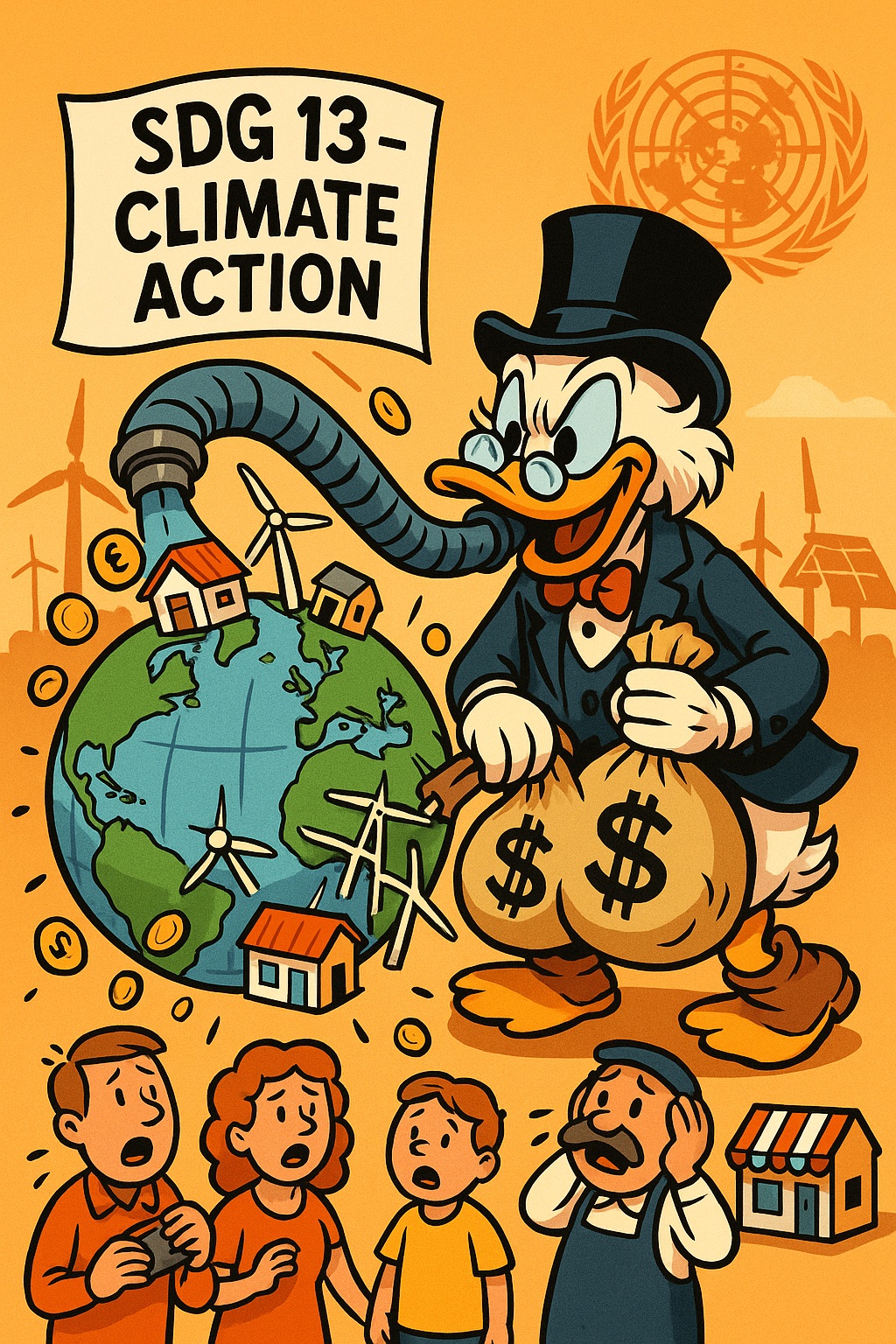 Cartoon van een karikaturale bankier die met een stofzuigerslang rijkdom en bezittingen uit de aarde zuigt onder het mom van “SDG 13 – climate action”, terwijl burgers geschokt toekijken.