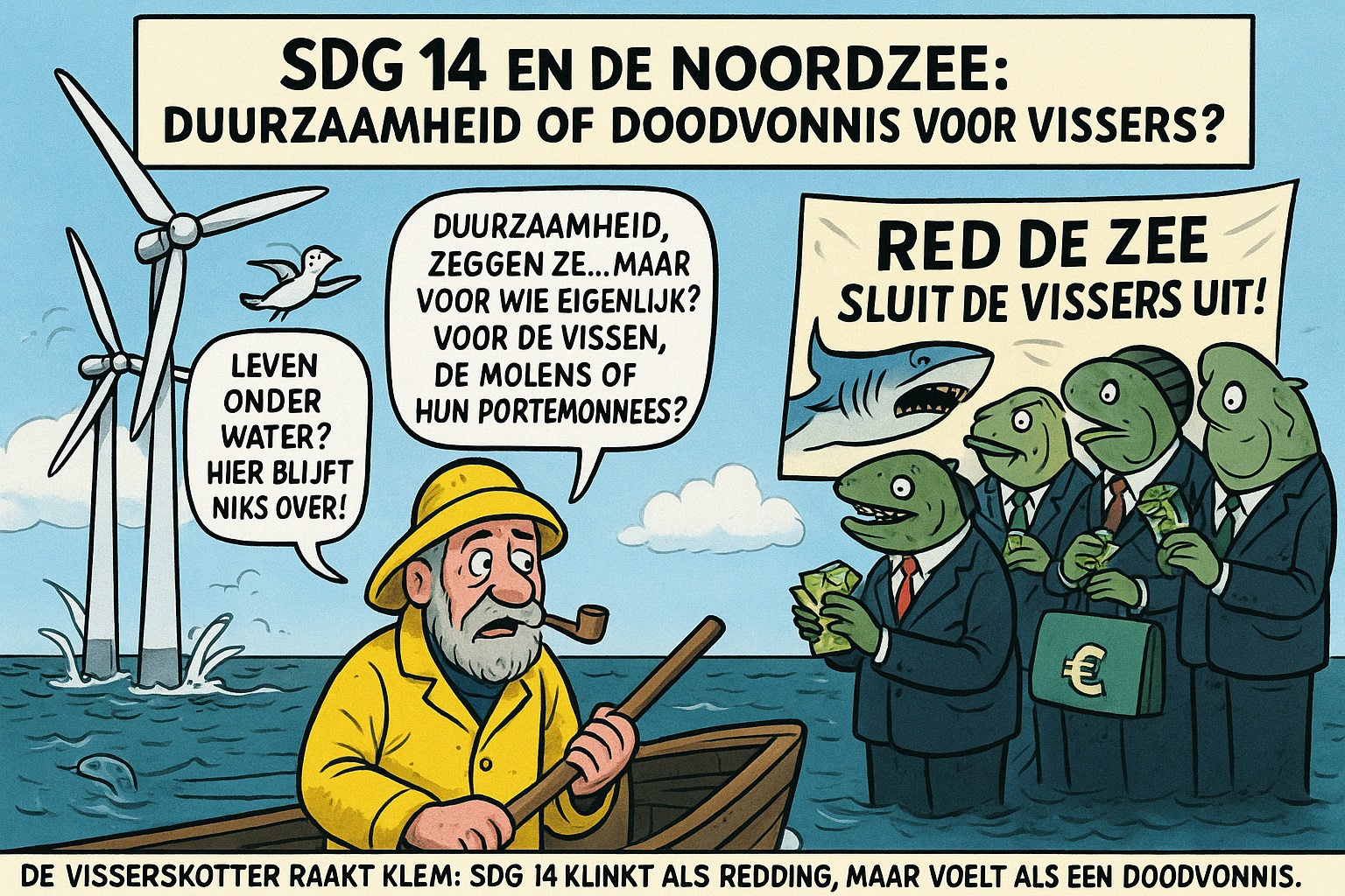 Cartoon van een oude visser in een boot die machteloos kijkt naar windmolens op zee, terwijl vissen in pakken met geld lachen onder een spandoek met de tekst “Red de zee, sluit de vissers uit!