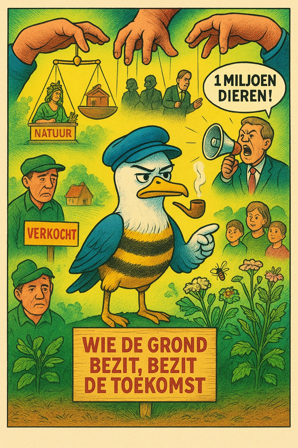 Satirische kleurrijke cartoon met Seabee, half meeuw-half bij, die de strijd rond SDG15 symbolisch uitlegt met boeren, politici, NGO's en een bord: Wie de grond bezit, bezit de toekomst.