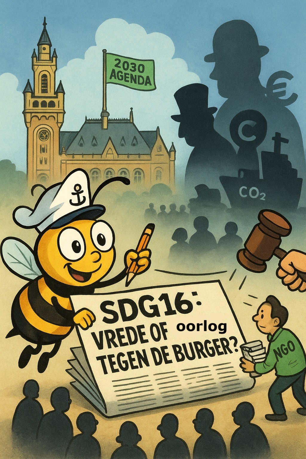 Cartoon van Seabee, een bij met zeemansmuts, die een krant vasthoudt met de kop “SDG16: Vrede of Oorlog tegen de Burger?”, voor het Vredespaleis met een 2030 Agenda-vlag en schaduwen van machtige figuren.