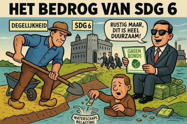 Het bedrog van SDG 6: hoe duurzaamheidsdoelen ons water en onze portemonnee plunderen. Satirische cartoon over SDG 6: een boer bouwt een dijk, een bankier zit op geld met een bord “green bonds”, een burger leegt zijn portemonnee in water met het label “waterschapsbelasting”, terwijl internationale beleggers lachend de waterschapsbank binnenlopen.