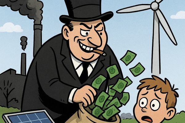 SDG 7: De groene droom die verandert in een zwarte nachtmerrie. Cartoon van een corrupte zakenman met hoge hoed die geld graait uit een zak met dollarteken, terwijl een geschrokken jongen een bord vasthoudt met “SDG 7”. Op de achtergrond staan een windmolen, zonnepanelen en rokende fabrieksschoorstenen. Tekst bovenaan: “SDG 7: Schone energie, een smerig zaakje”.