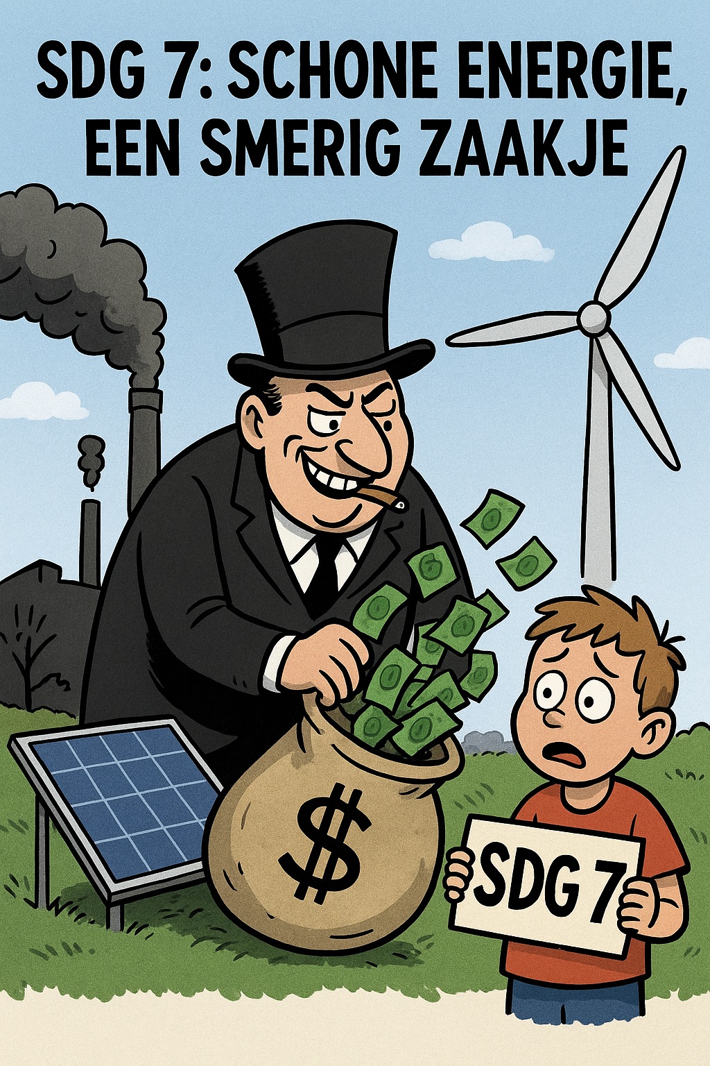 Cartoon van een corrupte zakenman met hoge hoed die geld graait uit een zak met dollarteken, terwijl een geschrokken jongen een bord vasthoudt met “SDG 7”. Op de achtergrond staan een windmolen, zonnepanelen en rokende fabrieksschoorstenen. Tekst bovenaan: “SDG 7: Schone energie, een smerig zaakje”.