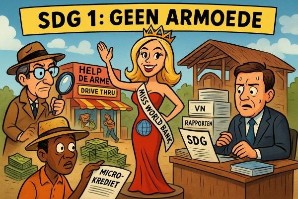 SDG 1: De belofte van geen armoede – ideaal of illusie? Satirische cartoon over SDG 1 Geen Armoede, met Miss World Bank in een rode jurk, Rypke Zeilmaker als detective, Tom Zwitser achter VN-rapporten en een Afrikaanse boer met een microkrediet-contract.