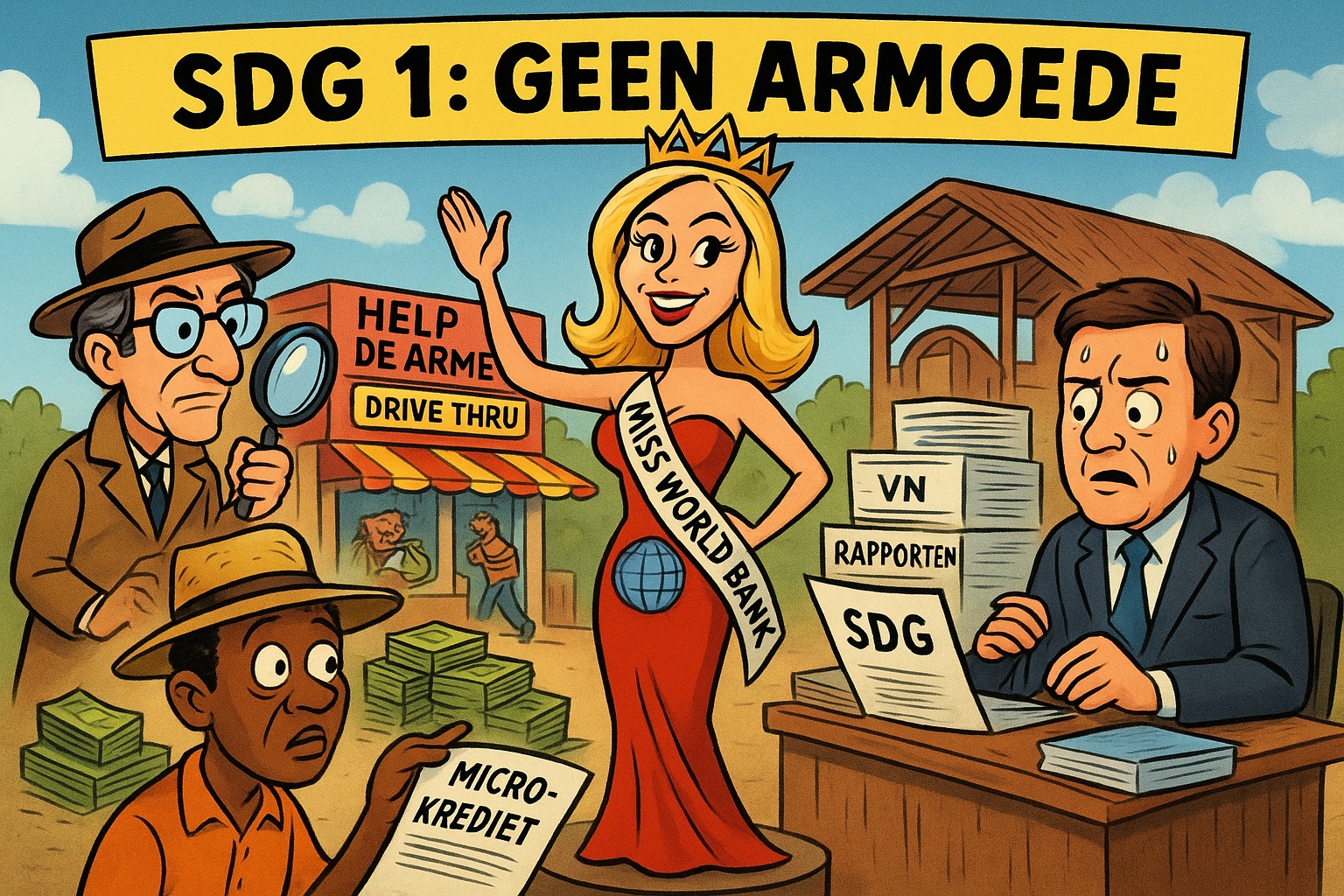 Satirische cartoon over SDG 1 Geen Armoede, met Miss World Bank in een rode jurk, Rypke Zeilmaker als detective, Tom Zwitser achter VN-rapporten en een Afrikaanse boer met een microkrediet-contract.
