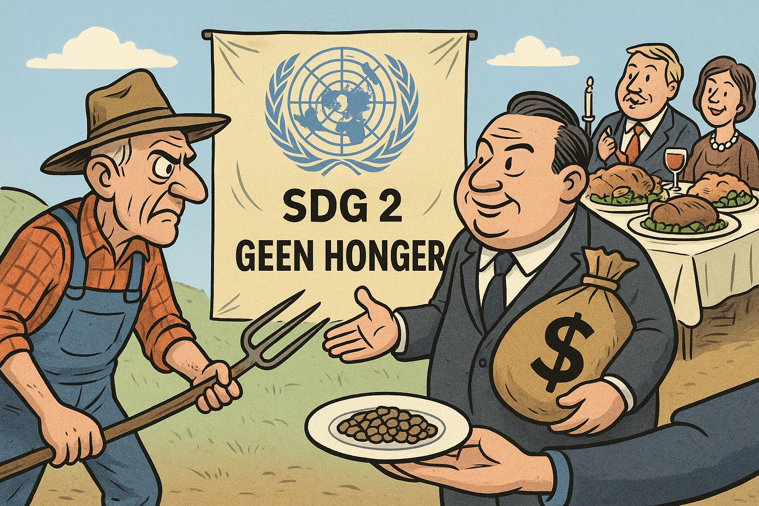 Cartoon waarin een boer met hooivork tegenover een bankier met geldzak staat voor een VN-banner ‘SDG 2 Geen Honger’, terwijl de elite achter hen een luxe diner eet en de boer slechts een bord linzen krijgt.