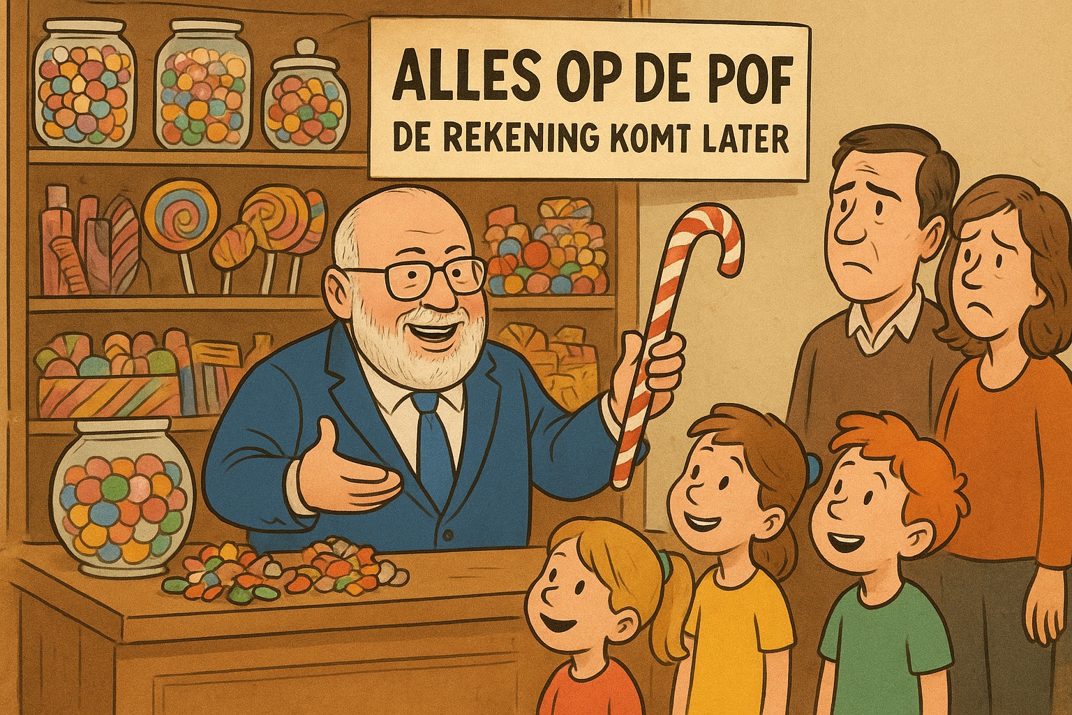 Karikatuur van Frans Timmermans als snoepwinkelier die gratis snoep aanbiedt met het bord “Alles op de pof – de rekening komt later”, terwijl kinderen blij kijken en ouders bezorgd toekijken.