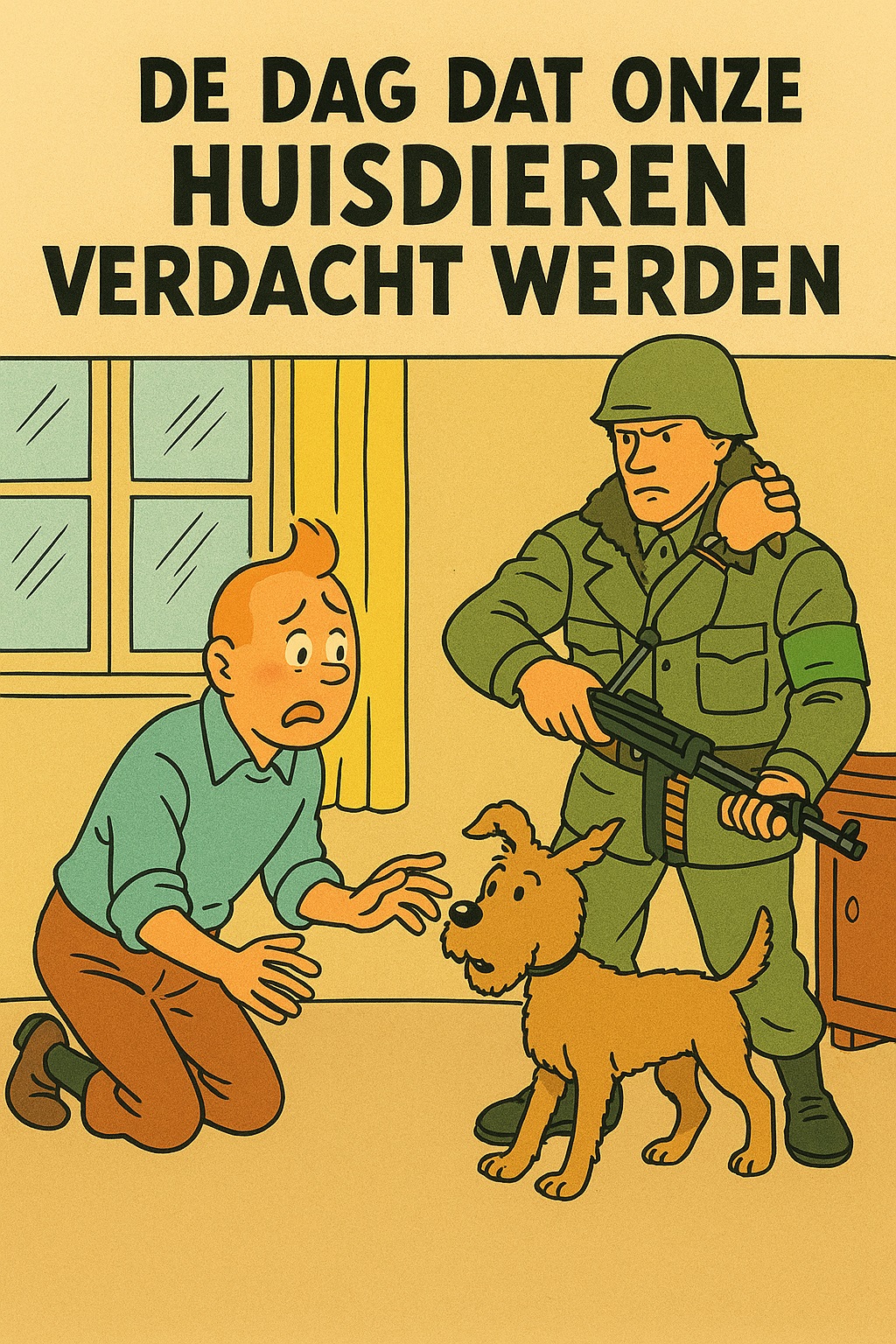 Kuifje-stijl cartoon waarin een soldaat hond Bobby van Kuifje afpakt, terwijl Kuifje wanhopig toekijkt. Bovenaan staat de tekst “De dag dat onze huisdieren verdacht werden”.