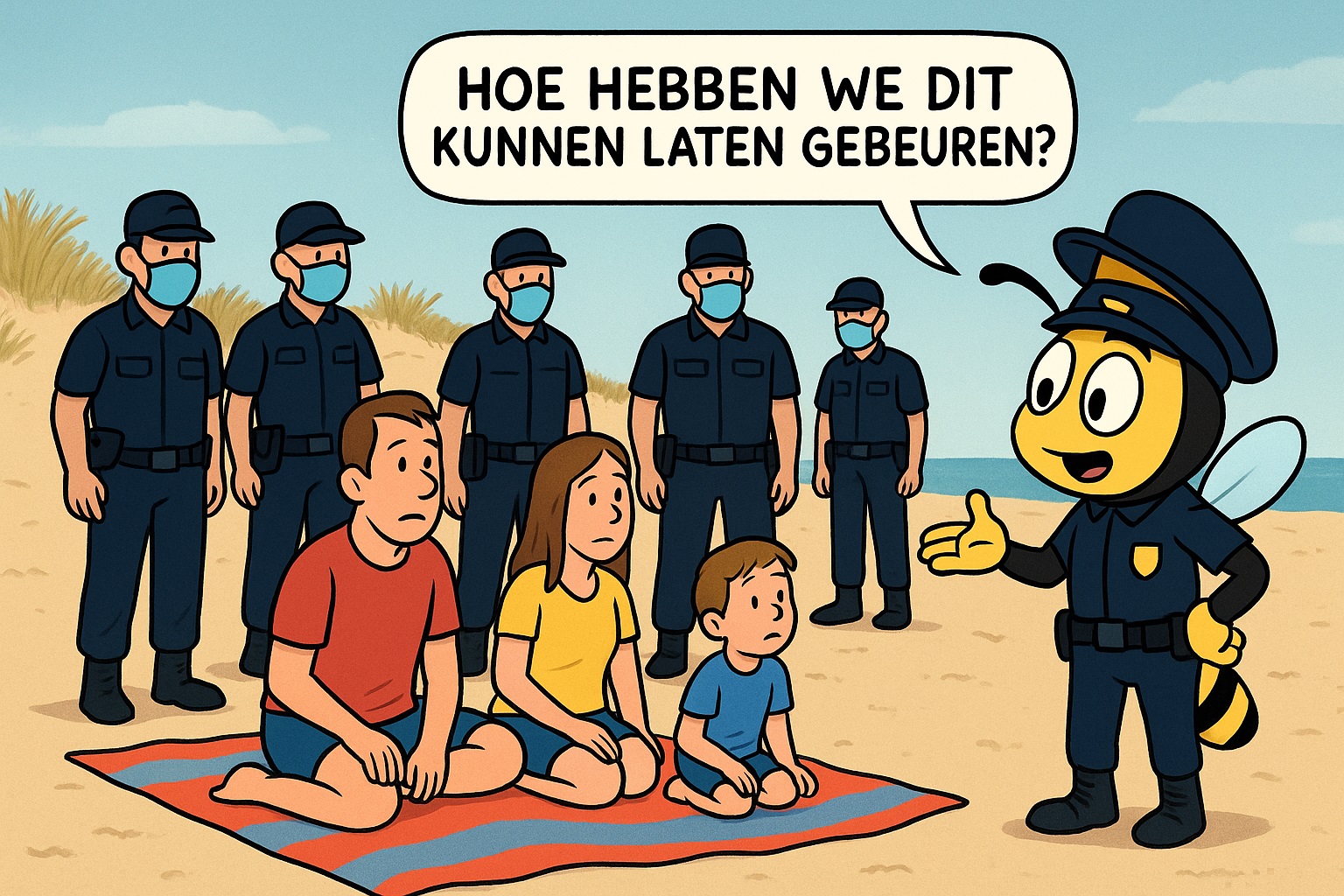 Cartoonillustratie van een gezin op een strand, omringd door politieagenten met mondmaskers tijdens de coronaperiode. Tekst: Hoe hebben we dit kunnen laten gebeuren?