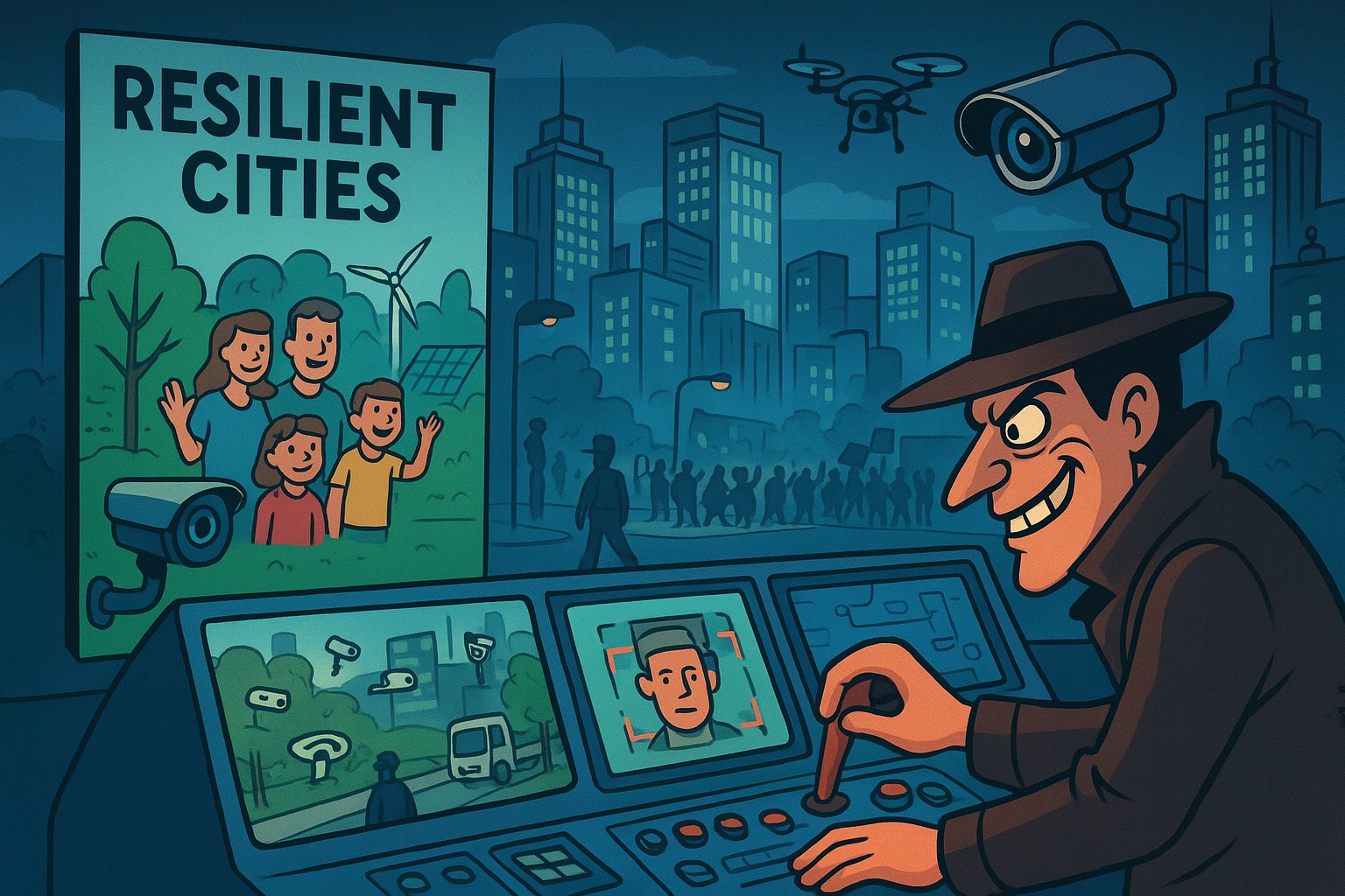 Cartoon van een sinistere figuur in Scooby-Doo-stijl die in een controlekamer een slimme stad bestuurt met camera’s, drones en gezichtsherkenning, naast een vrolijke poster van ‘Resilient Cities’.
