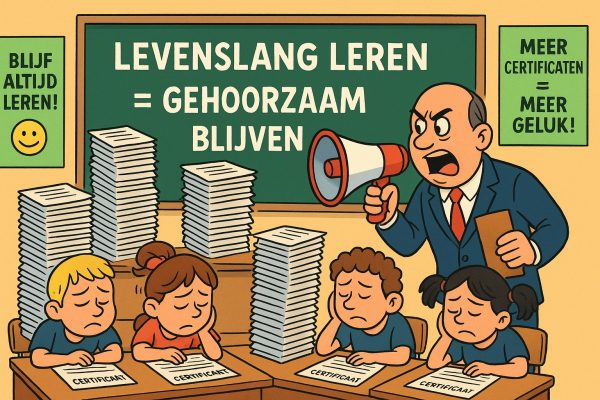 SDG 4: Onderwijs of Indoctrinatie? Cartoon van een strenge leraar met megafoon die kinderen dwingt certificaten te stapelen onder het motto “Levenslang leren = gehoorzaam blijven”.