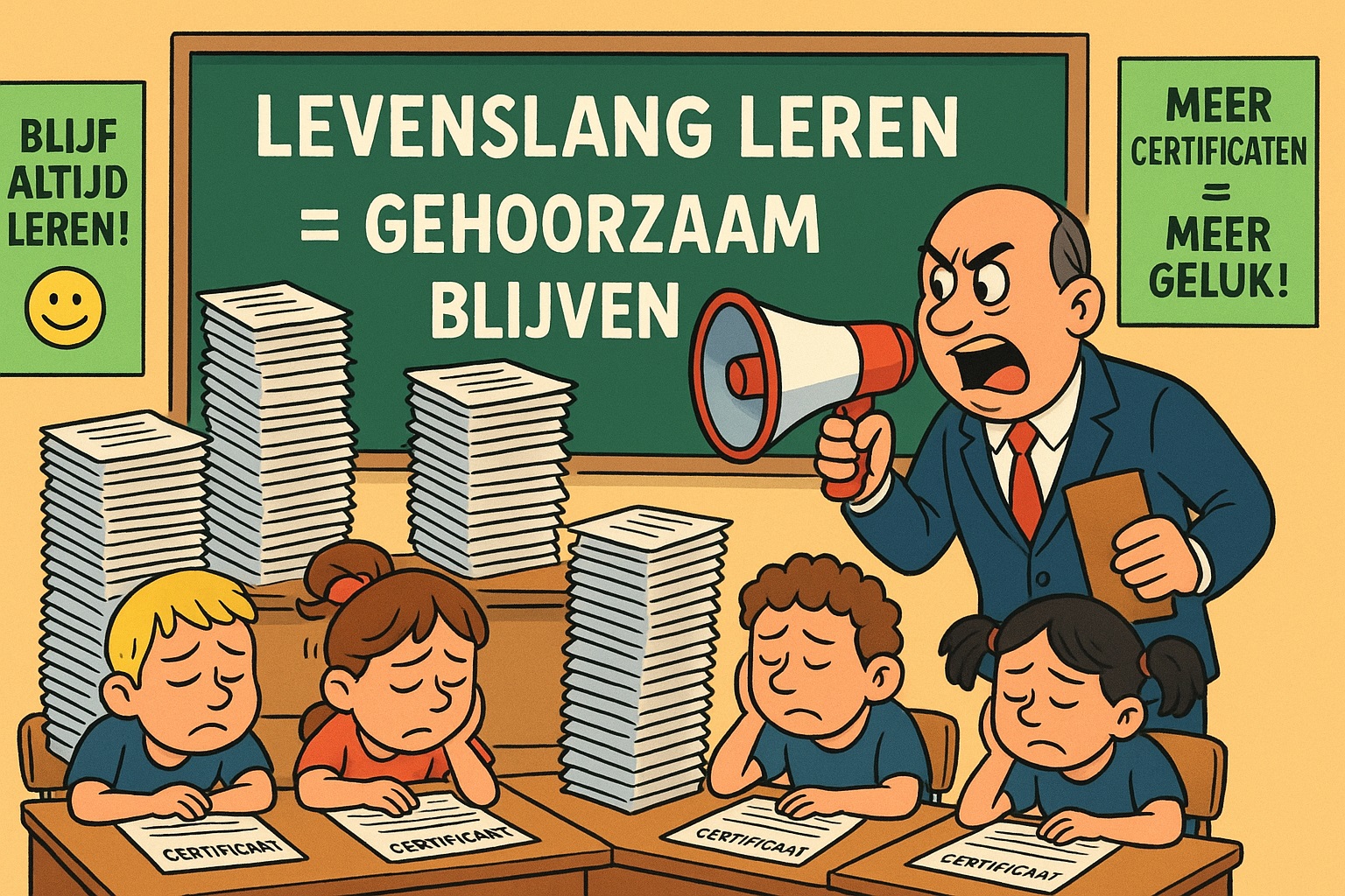Cartoon van een strenge leraar met megafoon die kinderen dwingt certificaten te stapelen onder het motto “Levenslang leren = gehoorzaam blijven”.