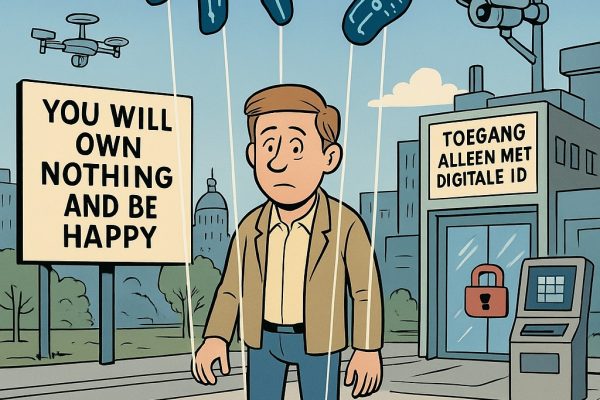 De onzichtbare agenda: hoe macht, technologie en geld onze toekomst hertekenen Cartoon in Lucky Luke-stijl van een burger die als marionet wordt bestuurd door een grote digitale hand boven hem, met drones, camera’s, een supermarktdeur met “Toegang alleen met digitale ID” en een billboard met “You will own nothing and be happy”. Op de grond ligt een barcode en onderaan staat de tekst: “Welkom in de slimme stad: vrijheid achter digitale tralies.
