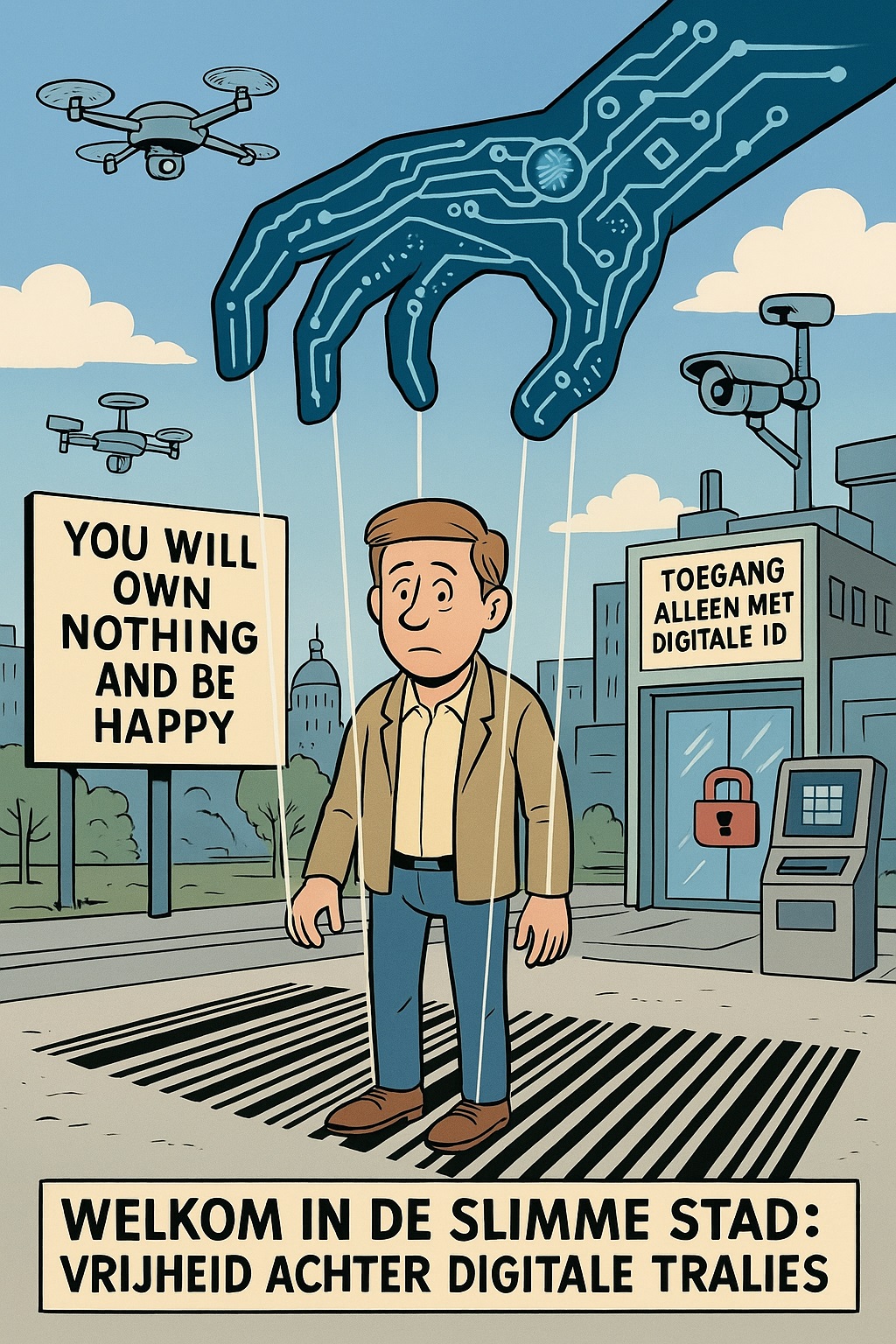 Cartoon in Lucky Luke-stijl van een burger die als marionet wordt bestuurd door een grote digitale hand boven hem, met drones, camera’s, een supermarktdeur met “Toegang alleen met digitale ID” en een billboard met “You will own nothing and be happy”. Op de grond ligt een barcode en onderaan staat de tekst: “Welkom in de slimme stad: vrijheid achter digitale tralies.
