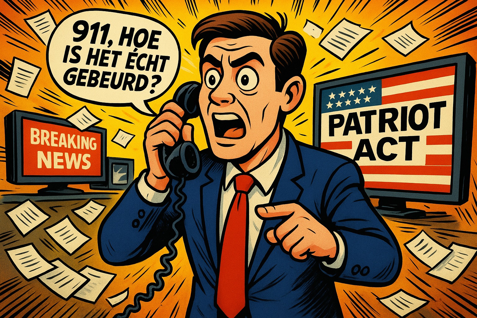 Cartoonillustratie van man in pak met rode stropdas, die met een telefoonhoorn in de hand roept: “911, hoe is het écht gebeurd?”, terwijl hij naar een tv-scherm wijst met de Amerikaanse vlag en de tekst “Patriot Act”, in een chaotische newsroom met vliegende papieren.