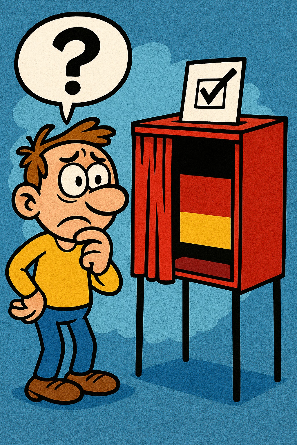 Cartoon van een verbaasde stripfiguur die nadenkend voor een rood stemhokje met de Duitse vlag staat, met een vraagteken in een tekstballon boven zijn hoofd.