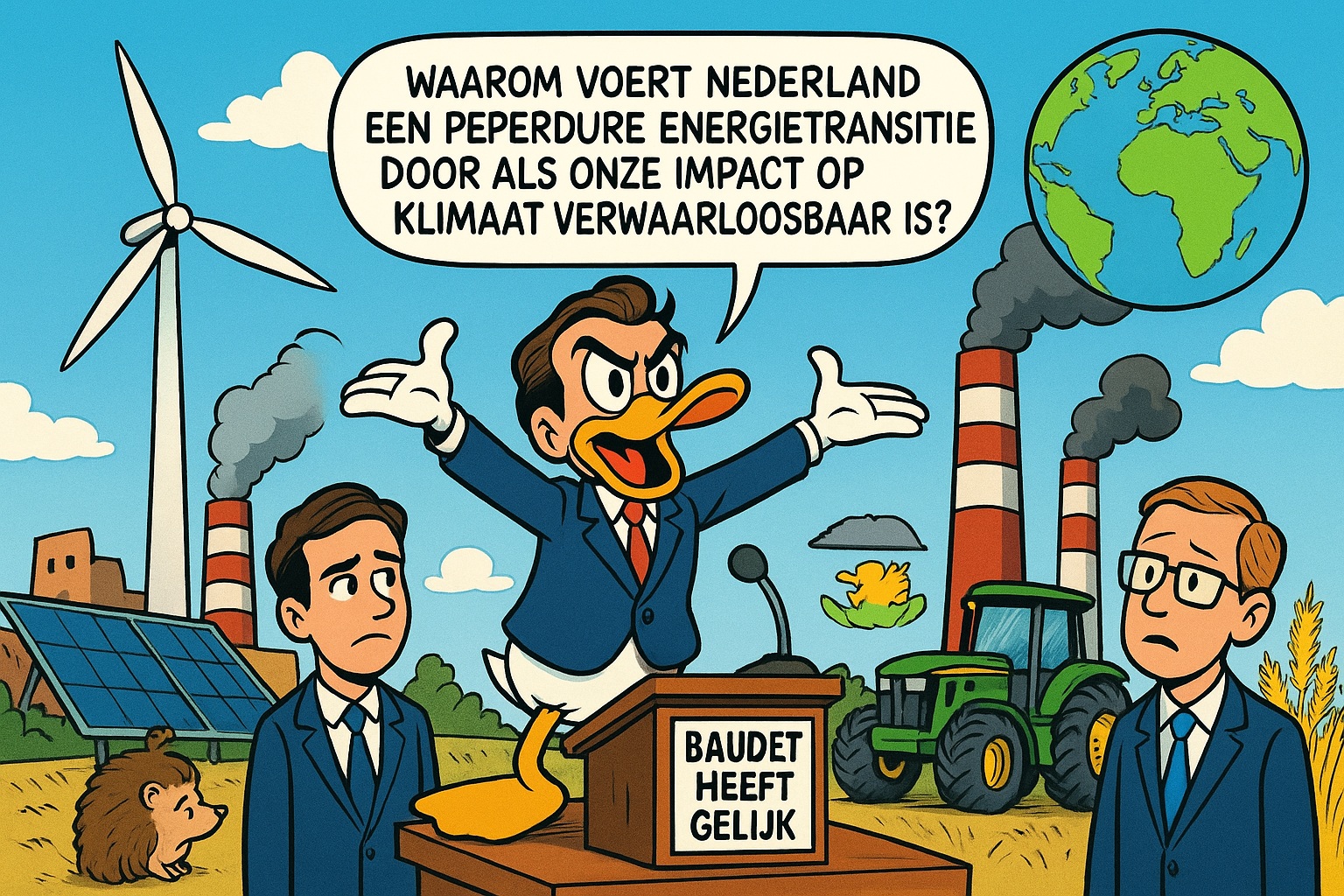 Thierry Baudet als Donald Duck-achtige stripfiguur op een podium met de tekst "Baudet heeft gelijk", terwijl hij kritiek levert op de dure energietransitie, met windmolens, zonnepanelen en rokende schoorstenen op de achtergrond.