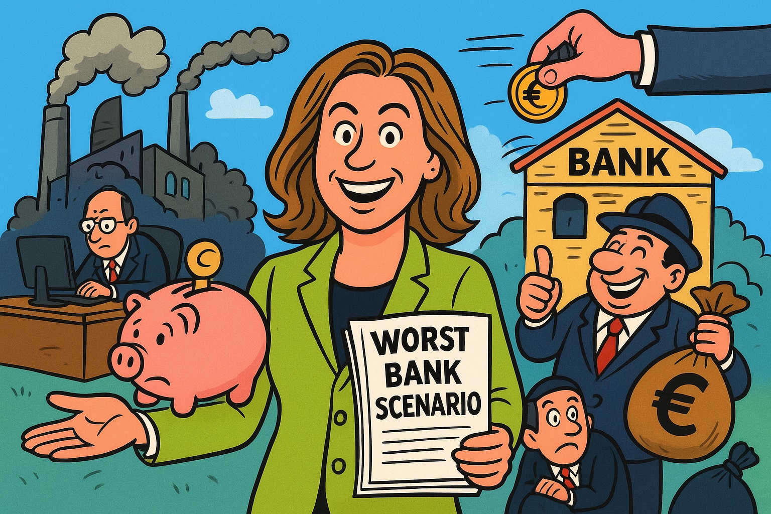 Cartoon van Hester Bais met haar boek 'Worst Bank Scenario', een spaarvarken dat zich zorge maakt in haar hand, een lachende bankier met geldzakken en een vervuilende fabriek op de achtergrond.