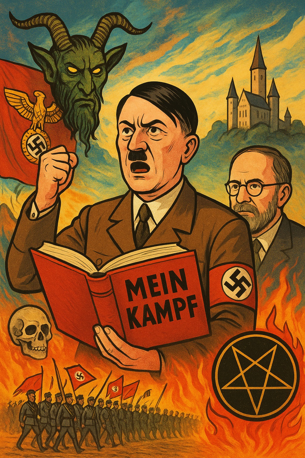 Satirische politieke cartoon van Adolf Hitler die Mein Kampf vasthoudt, omringd door occulte symbolen, een demonisch figuur, een kasteel, marcherende soldaten en vlammen.