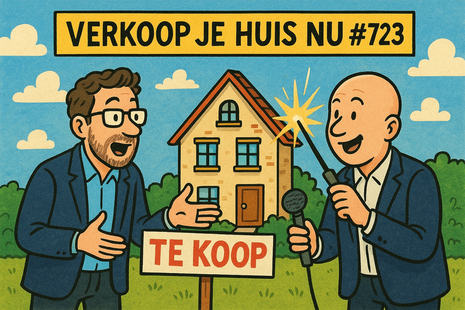 Cartoon van twee mannen voor een huis met een bord “Te Koop” en een groot spandoek “Verkoop je huis nu #723”, waarbij één man enthousiast wijst en de ander een toverstaf en microfoon vasthoudt.