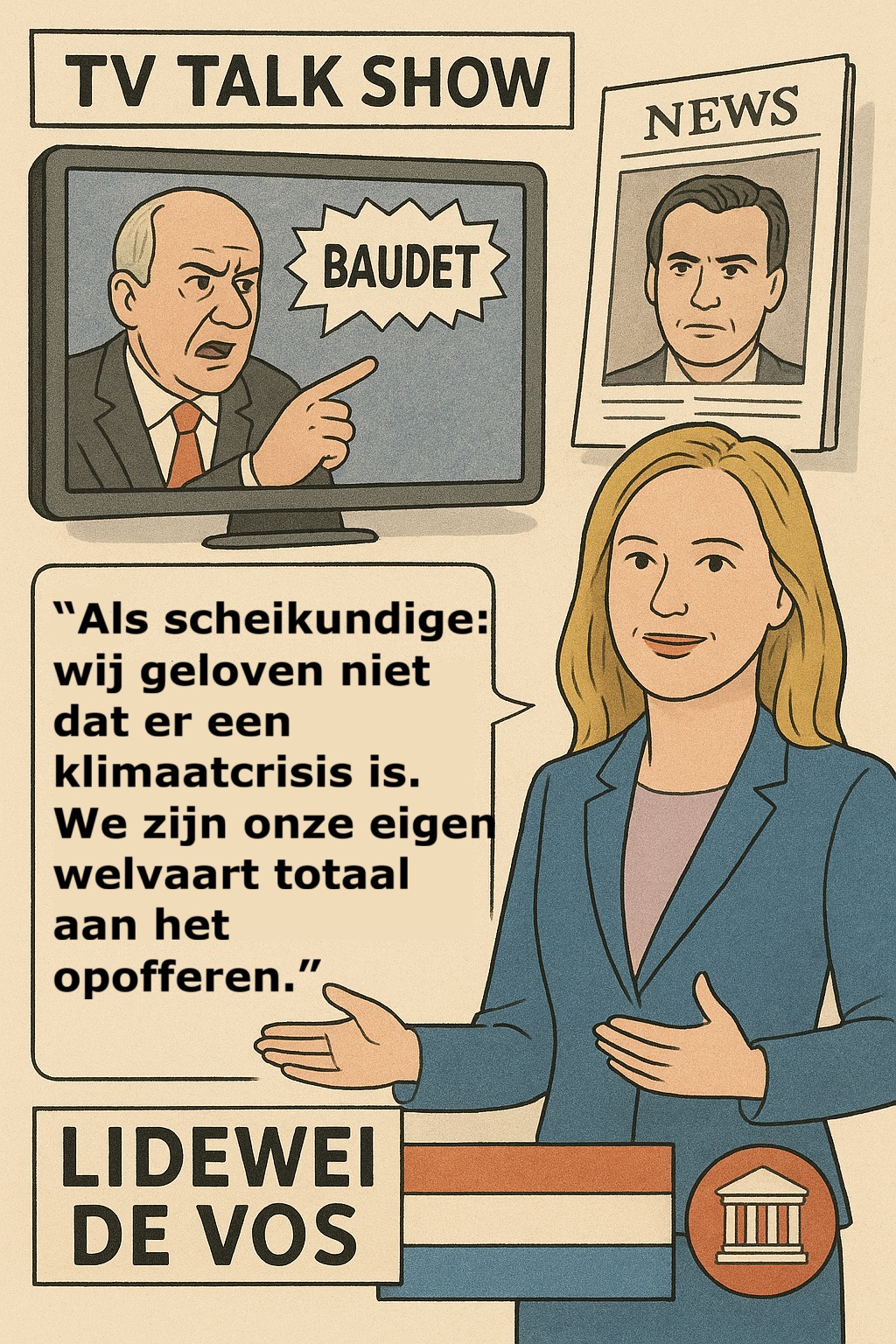 Illustratie van Lidewei met tekstballon: “Als scheikundige: wij geloven niet dat er een klimaatcrisis is. We zijn onze eigen welvaart totaal aan het opofferen.”