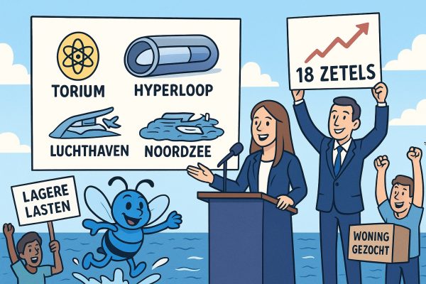 Een nieuwe ster aan het politieke firmament: Lidewei de Vos kiest voor Nederland. Cartoon van een jonge spreker op een verkiezingspodium bij zee met posters over torium, hyperloop en een luchthaven in de Noordzee. Een man toont een bord “18 zetels” en SeaBee springt uit het water met een bord “Nog groeiende!”. Het publiek houdt spandoeken “Lagere lasten” en “Woning gezocht”.