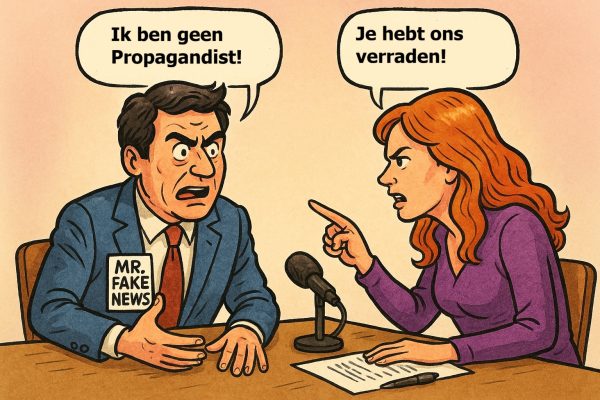 Marlies vs. Maarten: strijd zonder duidelijke winnaar. Cartoon van Marlies Dekkers die fel wijst naar Maarten Keulemans, ook bekend als Mr. Fake News, terwijl hij zich verdedigt aan een tafel met microfoon.