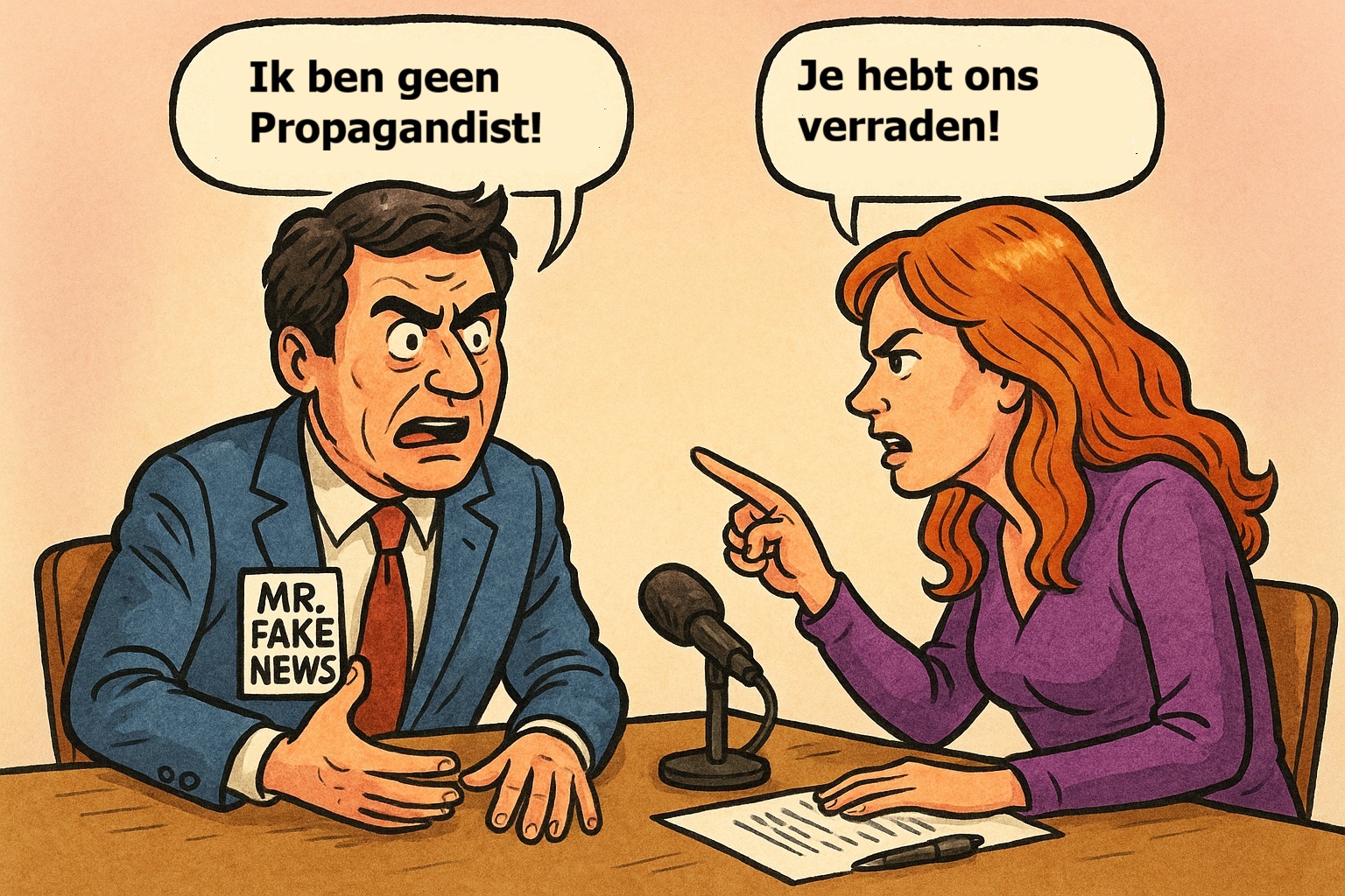 Cartoon van Marlies Dekkers die fel wijst naar Maarten Keulemans, ook bekend als Mr. Fake News, terwijl hij zich verdedigt aan een tafel met microfoon.