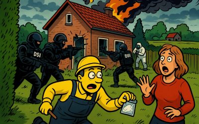 Striptekening van een politie-inval door zwaarbewapende DSI-agenten bij een boerderij, met een geschrokken vrouw en een gele stripfiguur die kokosmelkzakjes vasthoudt.