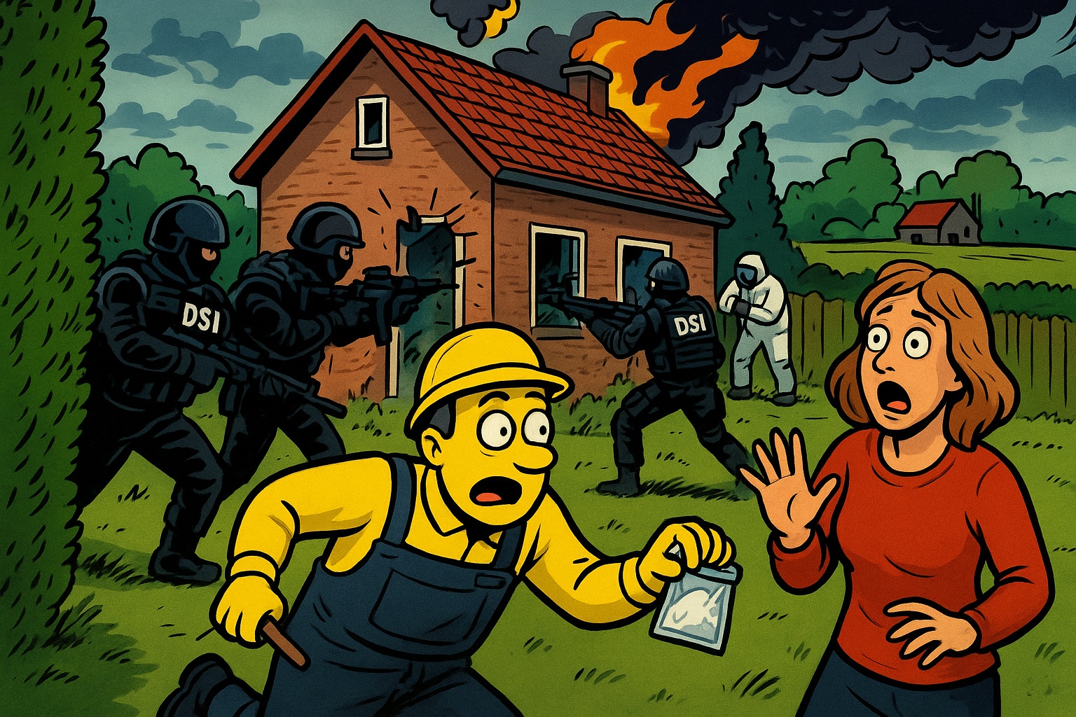 Striptekening van een politie-inval door zwaarbewapende DSI-agenten bij een boerderij, met een geschrokken vrouw en een gele stripfiguur die kokosmelkzakjes vasthoudt.