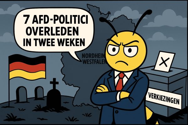 Zeven AfD-politici sterven in twee weken: Toeval of politieke tijdbom in Duitsland? Cartoon van Seabee, een gele stripfiguur in pak, die ernstig kijkt voor een kaart van Duitsland met Noordrijn-Westfalen gemarkeerd, een graf met Duitse vlag en een stembus waarop 'verkiezingen' staat. Tekstballon: '7 AfD-politici overleden in twee weken'."