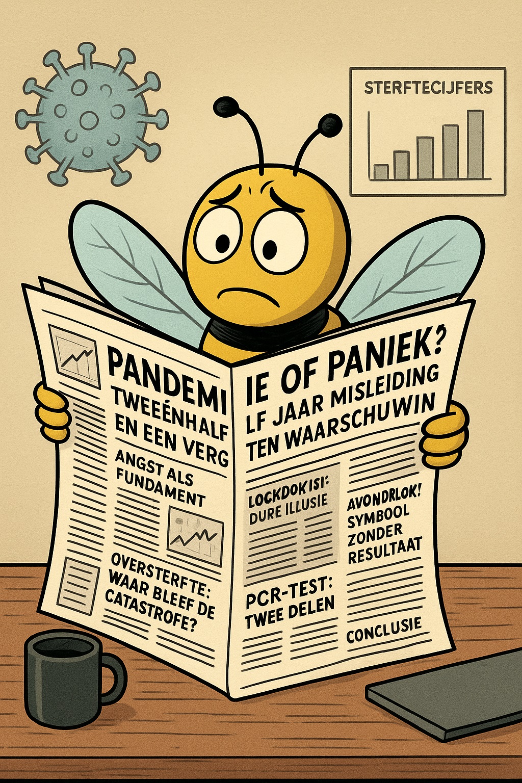 Cartoon van stripfiguur Seabee, een bezorgde bij die een krant leest met de kop “Pandemie of Paniek?”, omringd door grafieken en een virus-symbool.