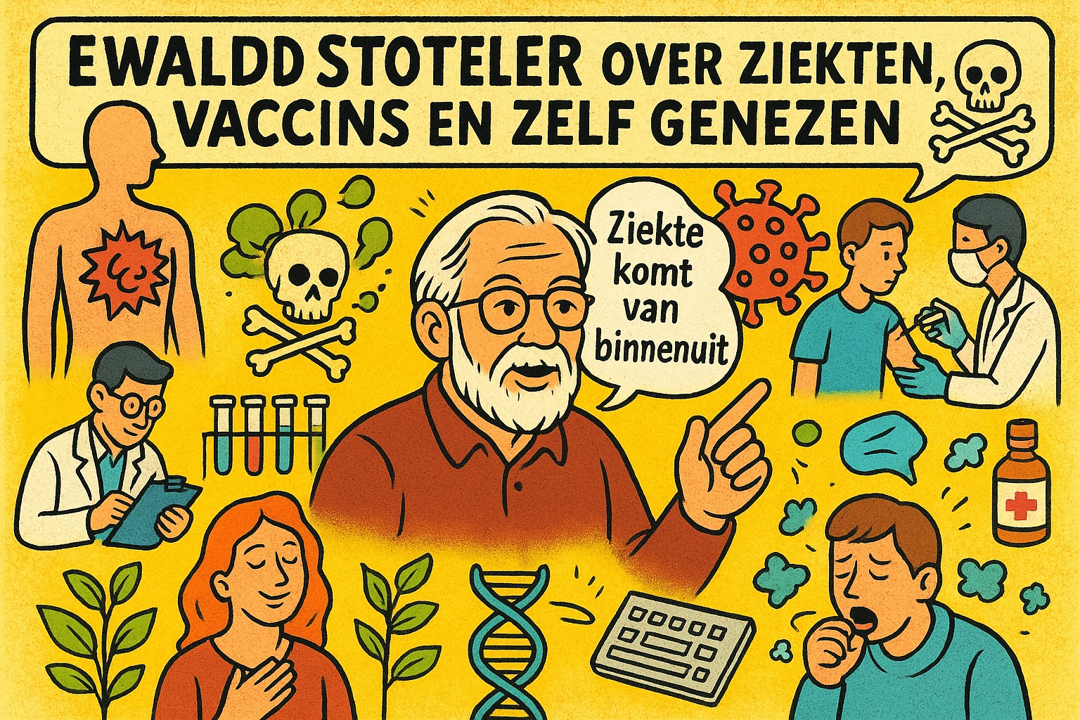 Cartoonillustratie van homeopaat Ewald Stöteler die uitlegt dat ziekte van binnenuit komt, omringd door symbolen van gezondheid, vaccins, DNA en genezing.