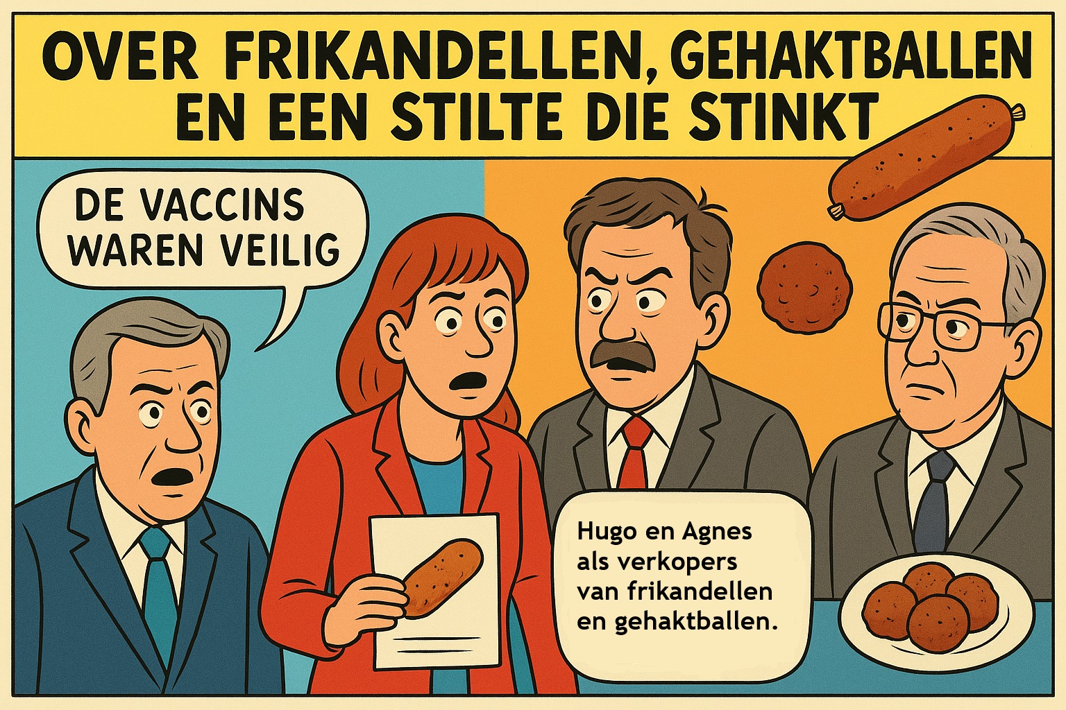 Satirische cartoon met kleurrijke karikaturen van Nederlandse politici, waarbij frikandellen en gehaktballen symbool staan voor de vaccinatiecrisis en de communicatie rondom bijwerkingen