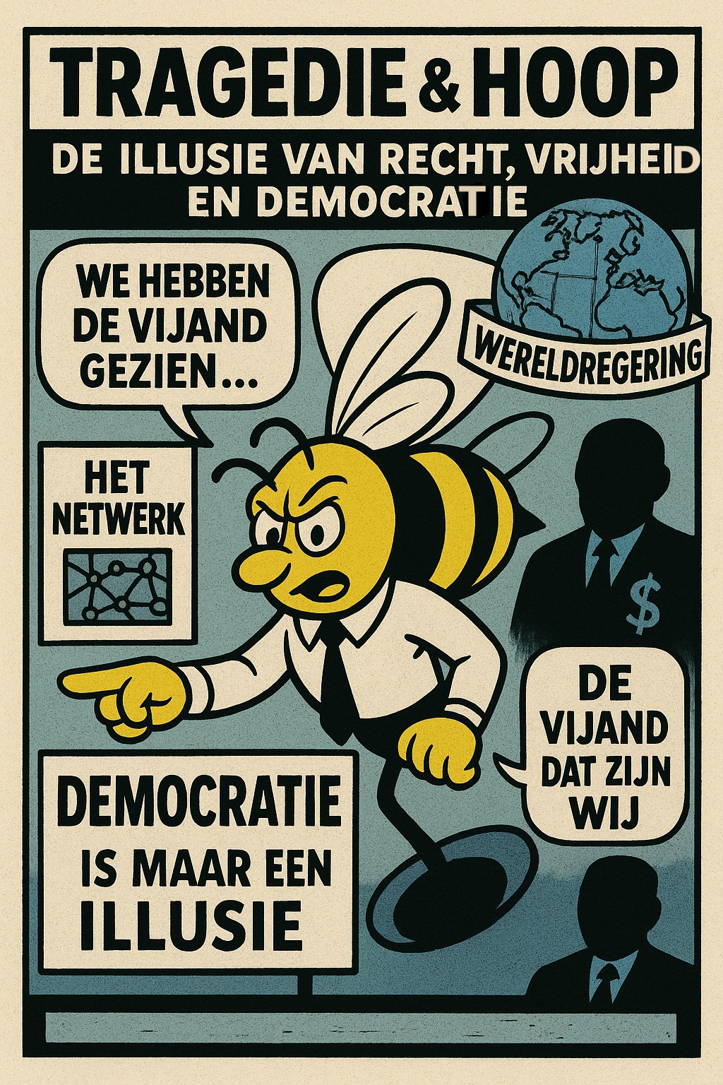 Politieke cartoon Seabee: kritiek op wereldregering, netwerk van macht en illusie van democratie