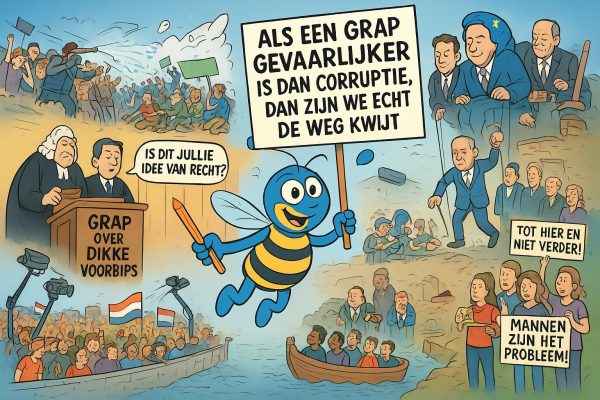 “We gaan keihard de verkeerde kant op”: Jan Roos over satire, censuur en de toekomst van Nederland. Satirische cartoon met stripfiguur Seabee die politieke en maatschappelijke thema’s in Nederland uitbeeldt, zoals vrijheid van meningsuiting, censuur, migratie, feminisme, demonstraties en corruptie.