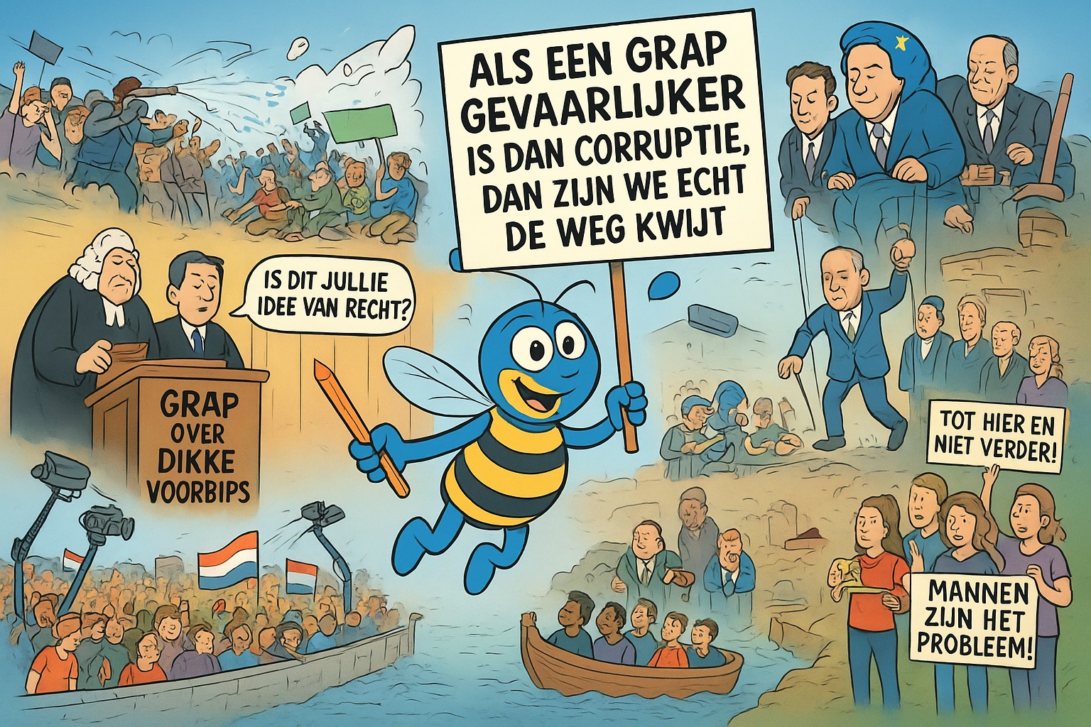 Satirische cartoon met stripfiguur Seabee die politieke en maatschappelijke thema’s in Nederland uitbeeldt, zoals vrijheid van meningsuiting, censuur, migratie, feminisme, demonstraties en corruptie.